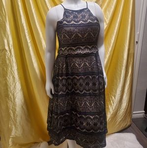 Ryan Michelle black lace over nude halter fit and flare midi dress- size large